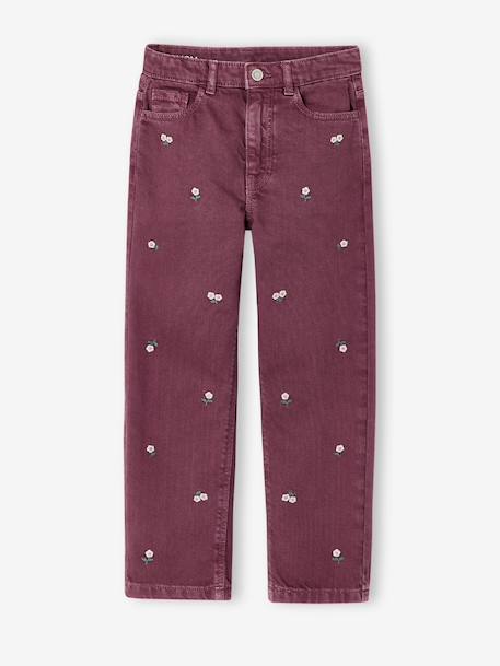 Geborduurde mom fit voor meisjes groengrijs+pruim+roze (poederkleur) - vertbaudet enfant 