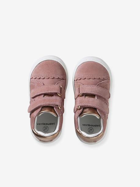 Baskets met klittenband van leer baby goud+roze (poederkleur)+wit - vertbaudet enfant 