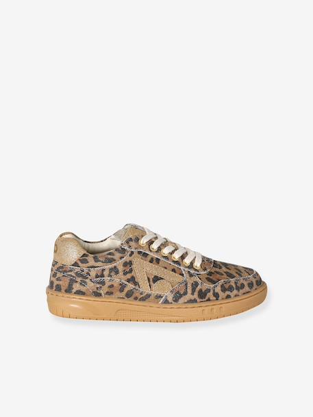Meisjessneakers van leer met veters beige+bruin+goudgeel - vertbaudet enfant 