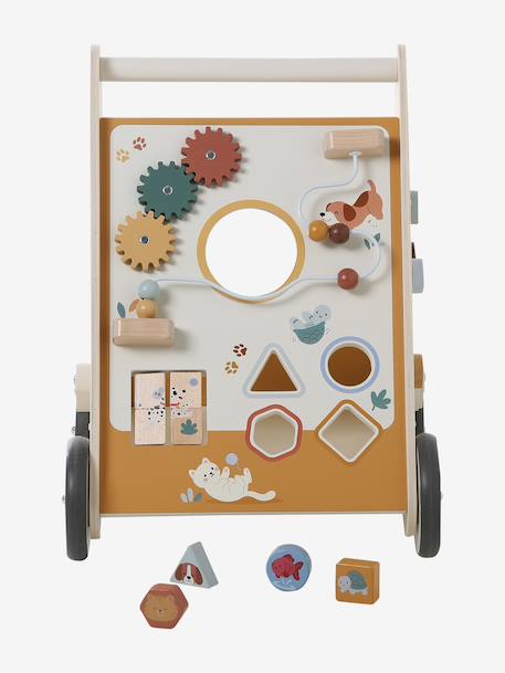Loopwagen met houten remmen hout+karamel+rozen+wit - vertbaudet enfant 