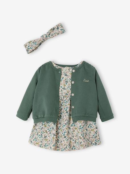 3-delig set jurk +vestje + haarband grijsblauw+groen+oudroze - vertbaudet enfant 