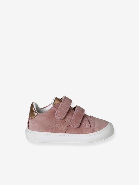 Baskets met klittenband van leer baby goud+roze (poederkleur)+wit - vertbaudet enfant 