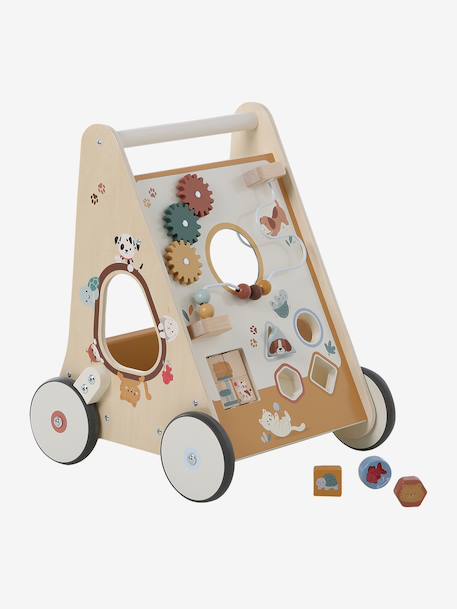 Chariot de marche avec freins en bois FSC® BLANC MOYEN UNI AVEC DECOR+bois+caramel+rose - vertbaudet enfant 