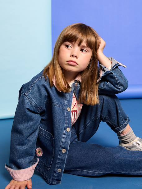Veste denim fille col velours bleu moyen - vertbaudet enfant 