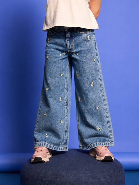 Jean large fille brodé bleu foncé+bleu jean+bleu moyen+denim bleached - vertbaudet enfant 