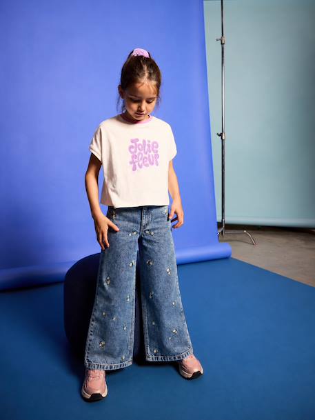 Wijde jeans voor meisjes Susan geborduurd donkerblauw+gebleekt denim+jeansblauw+middenblauw - vertbaudet enfant 