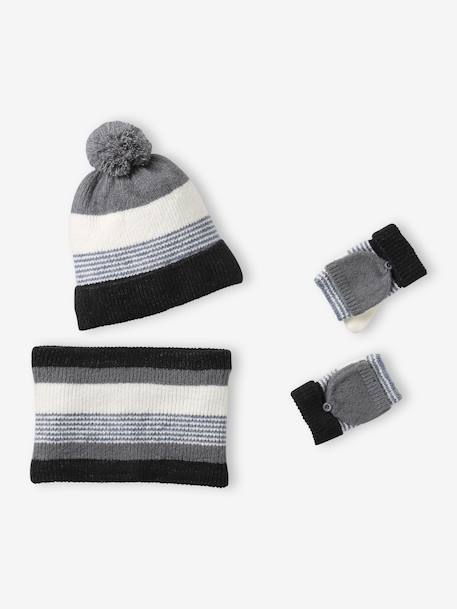 Gestreepte set van muts + snood + handschoenen voor jongens grijs+marine - vertbaudet enfant 