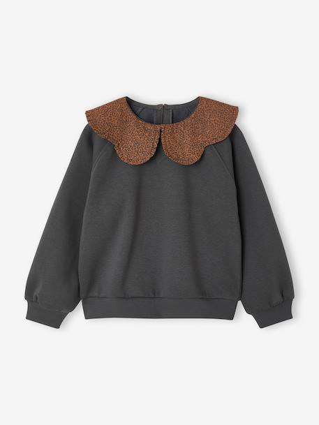 Sweater met kraag van Engels borduurwerk voor meisjes met flockprint en fluwelen boodschap antraciet+ecru+gemêleerd grijs+lichtroze+rood+zachtpaars - vertbaudet enfant 