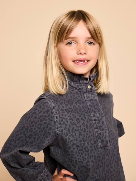 Jurk met luipaardprint meisje denimgrijs - vertbaudet enfant 