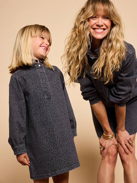 Jurk met luipaardprint meisje denimgrijs - vertbaudet enfant 