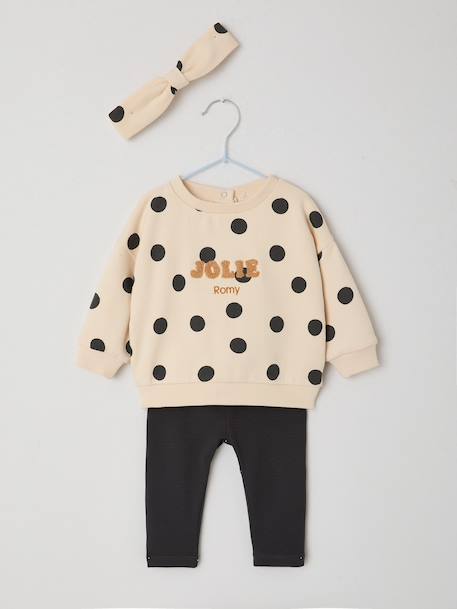 Ensemble bébé fille 3 pièces sweat + legging + bandeau personnalisable anthracite+beige poudré+marine - vertbaudet enfant 