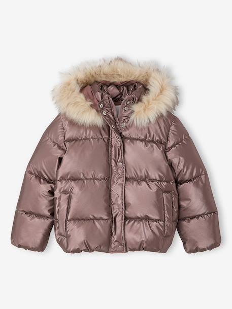 Doudoune à capuche fille doublée maille polaire anthracite+mauve+or+rose poudré - vertbaudet enfant 