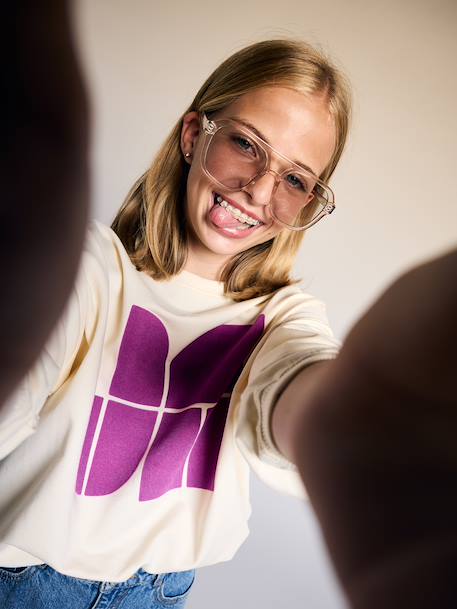 Sweat fille manches longues écru+vieux rose - vertbaudet enfant 