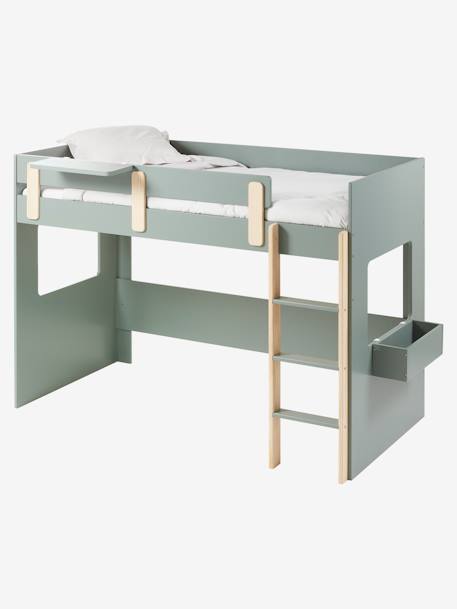 Lit mezzanine mi-hauteur enfant LIGNE EVEREST BLANC/BOIS+kaki - vertbaudet enfant 
