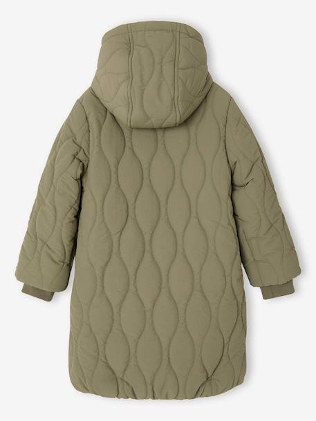 Lange donsjack met capuchon voor meisjes, gevoerd met imitatiebont kaki+zwart - vertbaudet enfant 