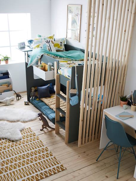 Lit mezzanine mi-hauteur enfant LIGNE EVEREST BLANC/BOIS+kaki - vertbaudet enfant 