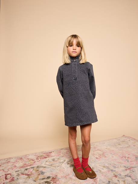 Jurk met luipaardprint meisje denimgrijs - vertbaudet enfant 