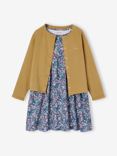Ensemble fille cardigan et robe imprimée fleurs camel+jaune pâle+marine+vert de gris - vertbaudet enfant 