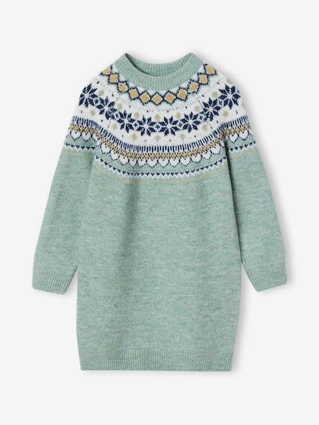 Jacquard jurk met lange mouwen kameel+roze (poederkleur)+saliegroen - vertbaudet enfant 