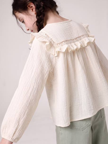 Chemise manches longues fille bleu ardoise+rose poudré+vanille - vertbaudet enfant 
