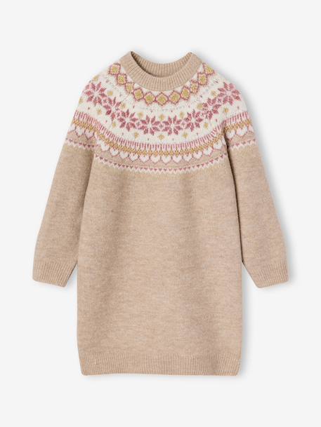 Jacquard jurk met lange mouwen kameel+roze (poederkleur)+saliegroen - vertbaudet enfant 