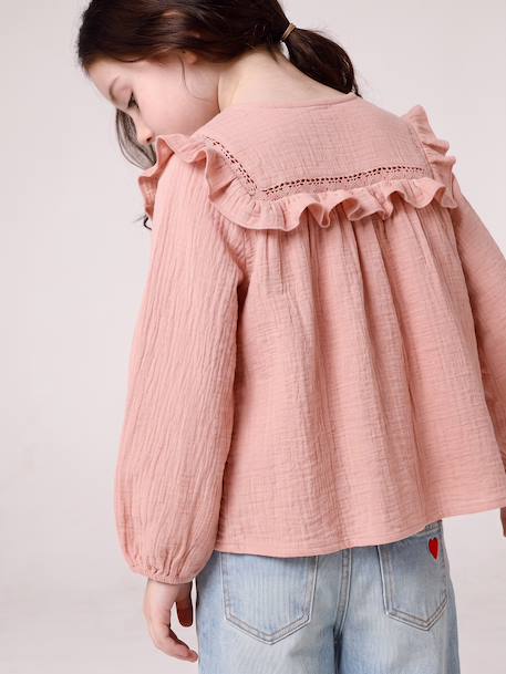 Chemise manches longues fille bleu ardoise+rose poudré+vanille - vertbaudet enfant 