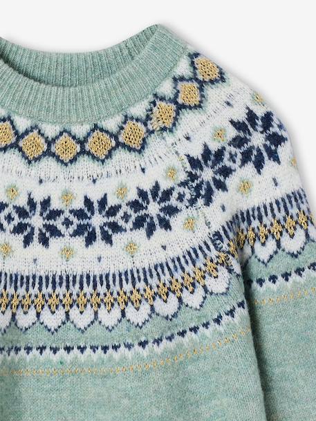 Jacquard jurk met lange mouwen kameel+roze (poederkleur)+saliegroen - vertbaudet enfant 