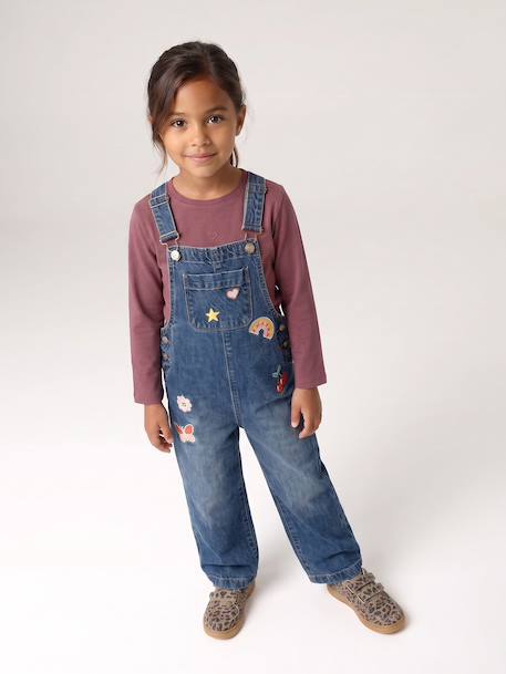 Wijde salopet van jeans voor meisjes denimgrijs+middenblauw+stone+zwart denim - vertbaudet enfant 