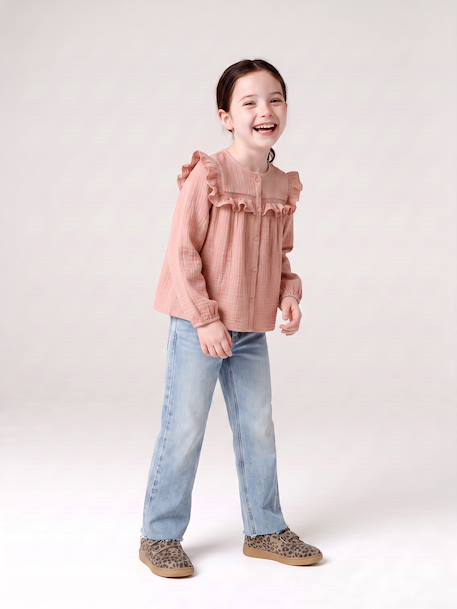 Chemise manches longues fille bleu ardoise+rose poudré+vanille - vertbaudet enfant 
