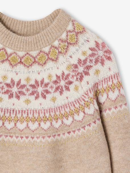Jacquard jurk met lange mouwen kameel+roze (poederkleur)+saliegroen - vertbaudet enfant 
