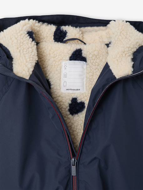 Winddichte jas met capuchon voor meisjes, gevoerd met sherpa marineblauw+rozen - vertbaudet enfant 