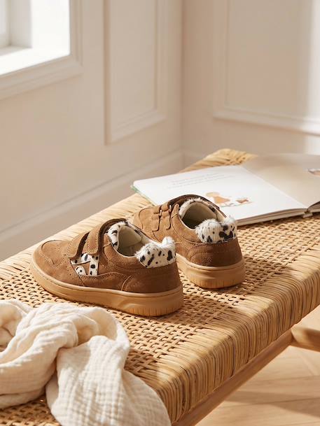 Meisjessneakers leer met klittenband beige+bruin+goudgeel+oudroze - vertbaudet enfant 