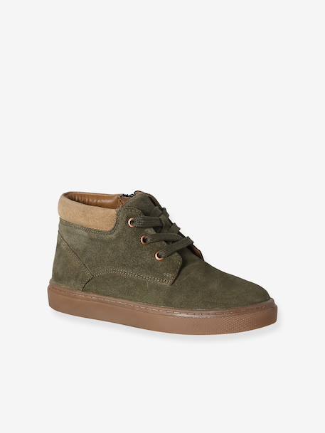 Hoge leren sneakers met veters voor jongens beige+kaki+marineblauw - vertbaudet enfant 