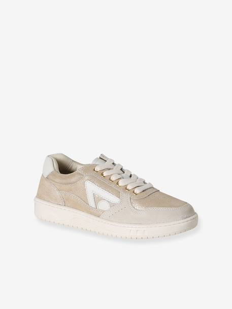 Meisjessneakers van leer met veters beige+bruin+goudgeel - vertbaudet enfant 
