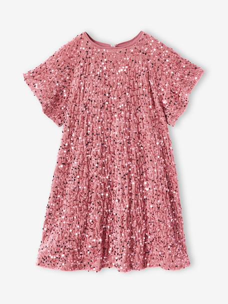Meisjesjurk in fluweel / velours en pailletten rood+rozen+zilver - vertbaudet enfant 