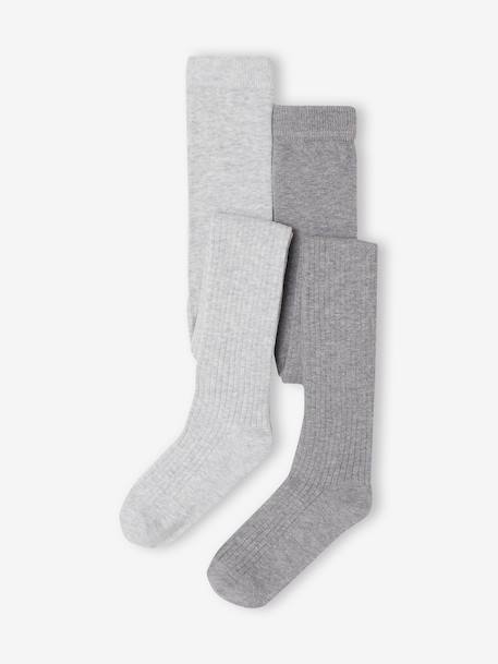 Lot de 2 paires de collants en maille côtelée fille bleu nuit+gris chiné+marron - vertbaudet enfant 
