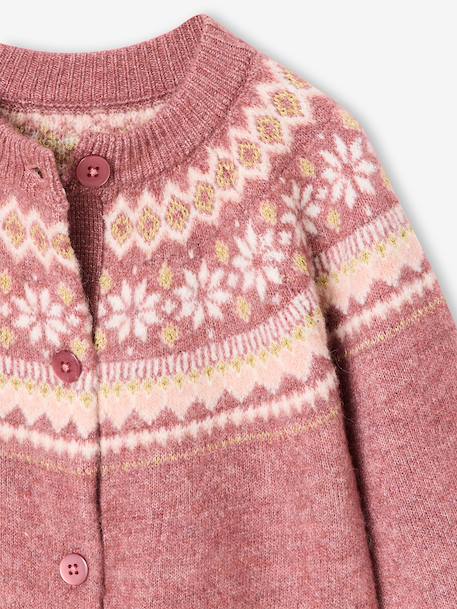 Jacquard meisjesvest met fantasiebreiwerk van glimmende draad ecru+mauve - vertbaudet enfant 