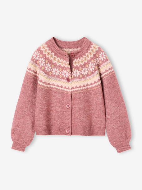 Jacquard meisjesvest met fantasiebreiwerk van glimmende draad ecru+mauve - vertbaudet enfant 