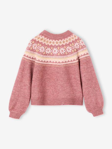 Jacquard meisjesvest met fantasiebreiwerk van glimmende draad ecru+mauve - vertbaudet enfant 