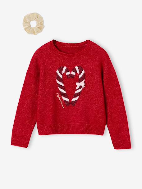 Kerstcadeauverpakking 'Renne' jacquard trui + 2 scrunchies voor meisjes ecru+lichtroze+rood - vertbaudet enfant 