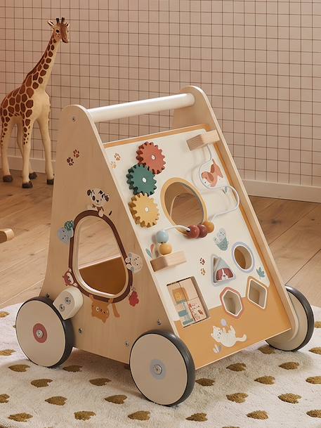 Loopwagen met houten remmen hout+karamel+rozen+wit - vertbaudet enfant 