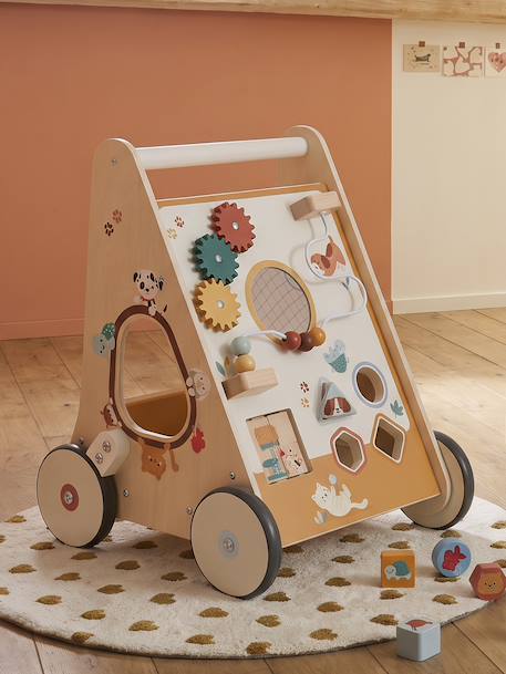 Chariot de marche avec freins en bois FSC® BLANC MOYEN UNI AVEC DECOR+bois+caramel+rose - vertbaudet enfant 