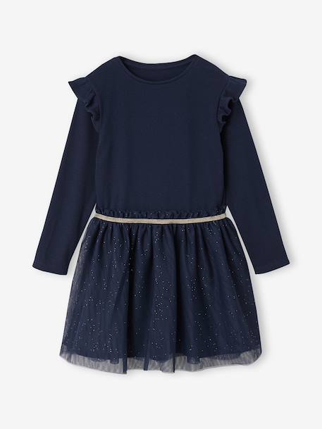Kerstjurk van twee soorten materiaal met tule rokje voor meisjes ecru+marineblauw - vertbaudet enfant 