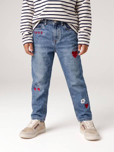 Mom meisjesjeans met bloemenborduurwerk blauw+lichtblauw+middenblauw - vertbaudet enfant 