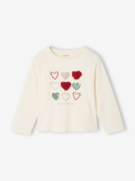 T-shirt fille animation coeur fille manches longues blanc+blush+écru+vert - vertbaudet enfant 