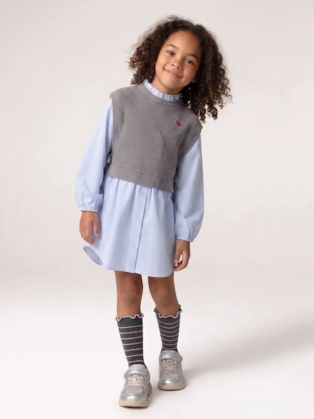 Hemdjurk met 2-in-1 effect voor meisjes ecru+gemêleerd grijs+marineblauw - vertbaudet enfant 