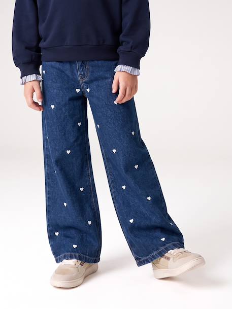 Jean large fille brodé bleu foncé+bleu jean+bleu moyen+denim bleached - vertbaudet enfant 