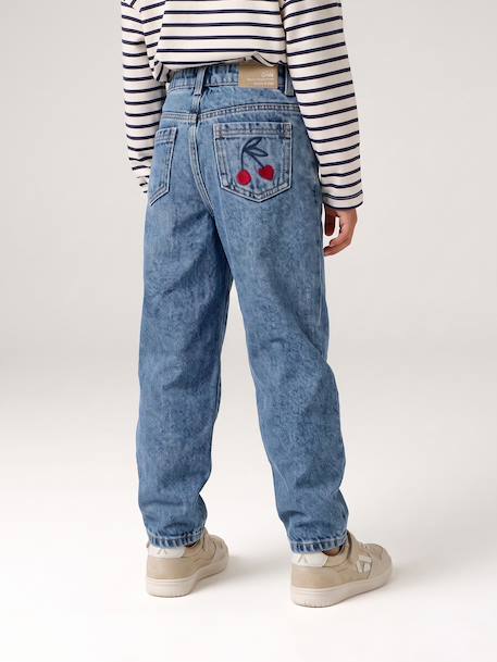 Jean fille mom brodé fleurs bleu+bleu clair+bleu moyen - vertbaudet enfant 