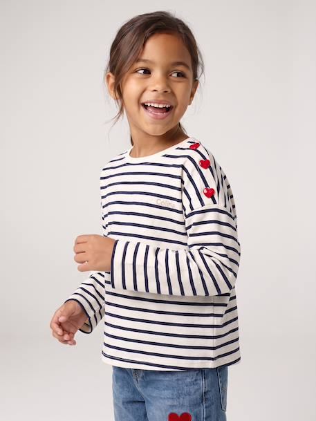 Meisjesshirt met strepen en lange mouwen marineblauw+snoepjesroze+zachtpaars - vertbaudet enfant 
