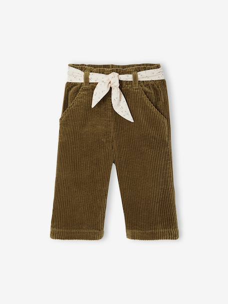 Wijde fluwelen broek met gebloede riem voor baby's beige+olijf+oudroze - vertbaudet enfant 